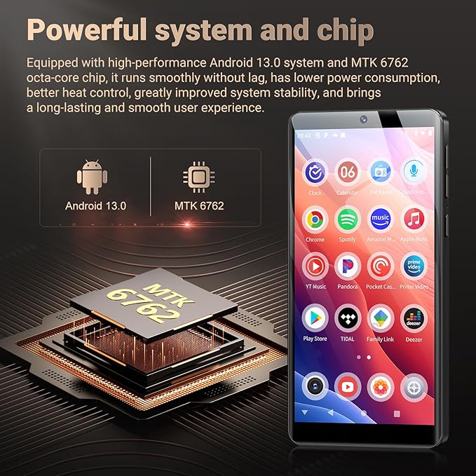 128GB MP3 Player with Bluetooth and WiFi, Android 13.0, 5.5" HD Touchscreen, 13MP Camera, Preloaded Spotify, Pandora, 1TB Expandable & Parental Controls Black-StrideForce Fitness