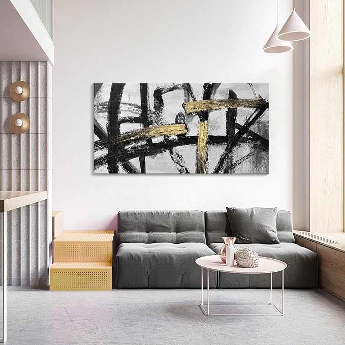 Black White and Gold Wall Art, Modern Paintings Abstract Graffiti Canvas Prints Artwork Black Grey Wall Pictures for Living Room Bedroom Bathroom Home Office Decor 20x40 In-StrideForce Fitness