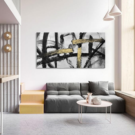 Black White and Gold Wall Art, Modern Paintings Abstract Graffiti Canvas Prints Artwork Black Grey Wall Pictures for Living Room Bedroom Bathroom Home Office Decor 20x40 In-StrideForce Fitness