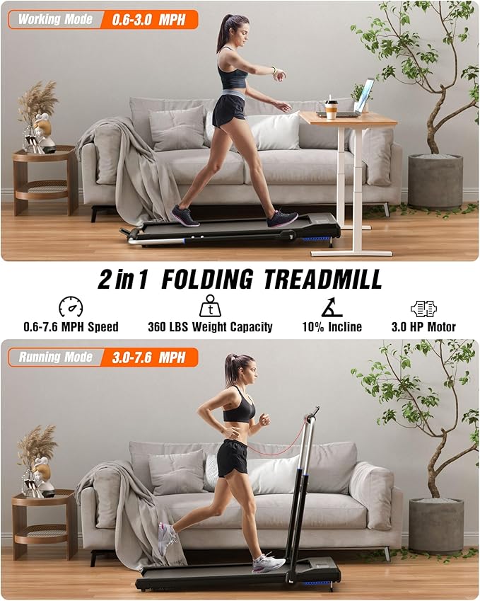 WELLFIT Treadmill for Home, 2 Level Incline Heavyduty Treadmill with Pulse Sensor, 4.0 HP, 1.0-10.0 MPH, 450/360 lbs Capacity, Large Running Area Treadmills with Bluetooth Player & LED Display-StrideForce Fitness