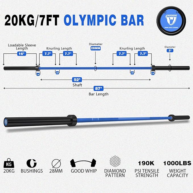 7ft Olympic Barbell for Strength Training and Olympic Weightlifting, 500 700 1000LBS Capacity Available, 2 Inch Bar for Squats, Home Gym Fitness Equipment, Bench Press, Deadlift,Powerlifting-StrideForce Fitness