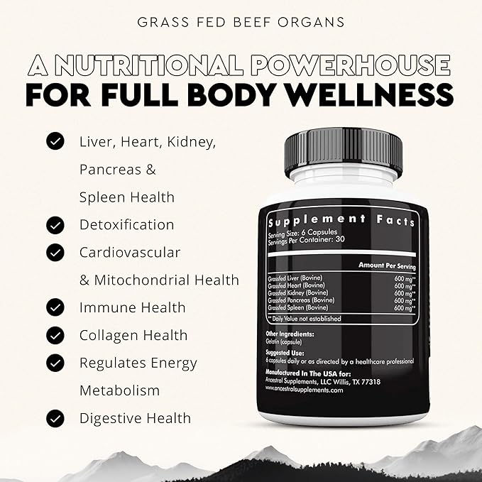 Ancestral Supplements Grass Fed Beef Organ Supplement, Supports Whole Body Wellness with Proprietary Blend of Liver, Heart, Kidney, Pancreas, Spleen, Freeze-Dried Beef, Non-GMO, 180 Capsules-StrideForce Fitness