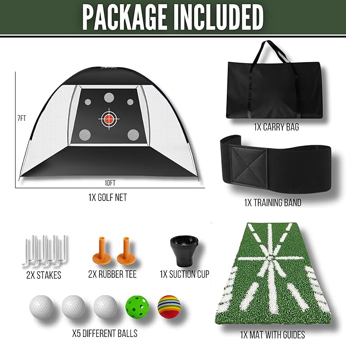 Golf Net 10x7ft – All-in-One Indoor/Outdoor Practice net with Multiple Targets, Heavy-Duty Base, tee, Balls & Bag for Driving, Chipping & Swing Training for Golf Lovers & dads.-StrideForce Fitness