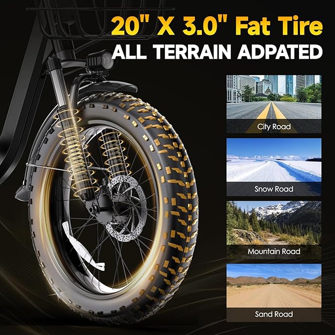 Electric Bike for Adults 20" Fat Tire,750W Motor 52V 13AH Removable Battery Max Range 35 Miles,28MPH,Folding EBike with Shimano 7 Speed and Adjustable Seat for Commute Mountain Snow-StrideForce Fitness