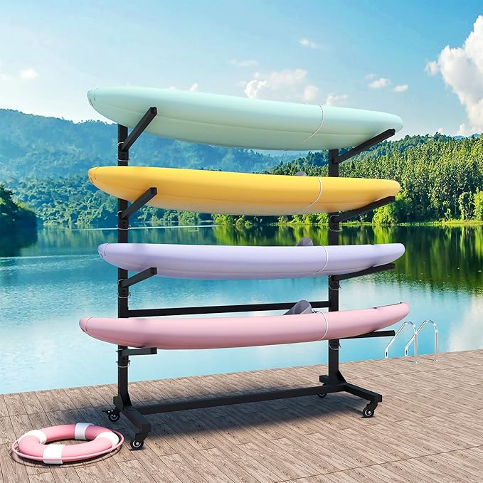 Kayak Storage Rack, Heavy Duty Kayak Stand Canoe Rack with Wheels, Freestanding Kayak Holder Stand for Kayaks, Canoes, Surfboard, Paddleboard Storage-StrideForce Fitness
