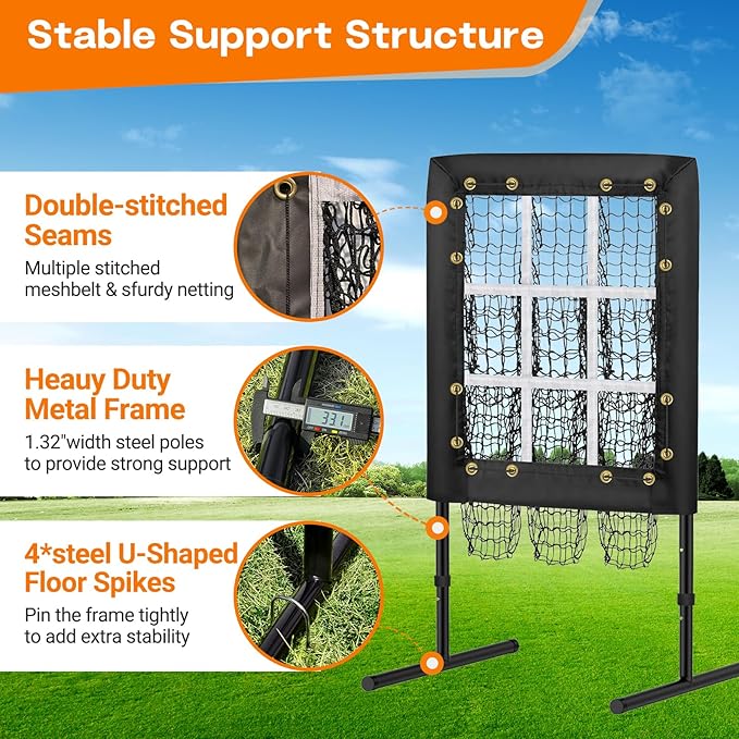 Pitching Net, 9 Hole Baseball Pitching Net with Strike Zone, Adjustable Softball Net for Batting Pitching Hitting, Portable Pitcher Trainer Baseball Hitting Target-StrideForce Fitness