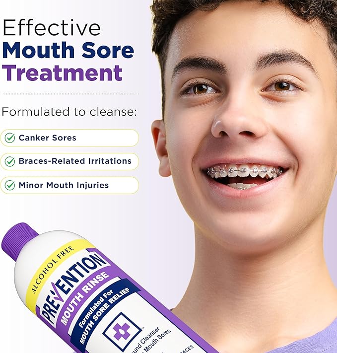 Prevention Mouth Sore Mouth Rinse, Canker Sore Treatment, Oral Pain Relief Mouthwash for Ulcers and Sores, Braces, with Hydrogen Peroxide, Alcohol-Free, Fluoride Free, 16 oz, Soothing Mint, 1 Pack
