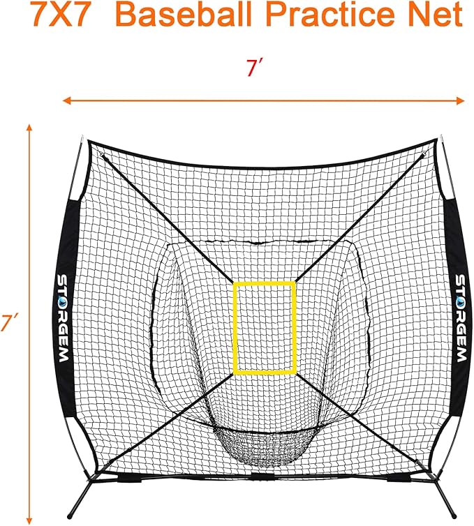 Storgem Baseball and Softball Practice Net 7×7ft Portable Hitting Pitching Batting Training Net Baseball Backstop Net with Batting Tee and Strike Zone and Bow Frame-StrideForce Fitness