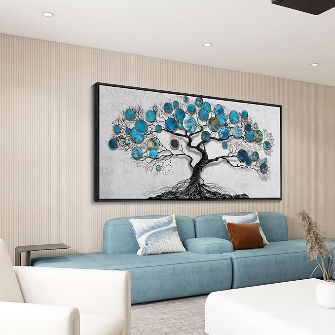 CHATYOUNG Canvas Wall Art Bedroom - Tenacious Tree of Life Blue and Gray Painting Modern Black Framed Artwork for Living Room Bedroom Dining Room Office Home Decor 48"x24"-StrideForce Fitness
