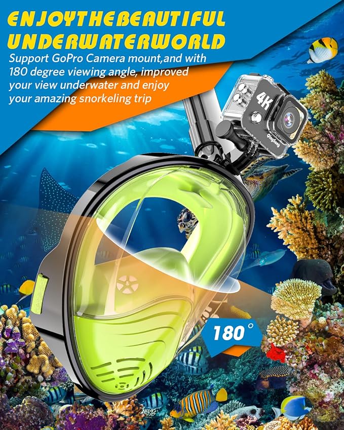 QingSong Full Face Snorkel Mask for Adults, Snorkeling Gear with Camera Mount, 180 Degree Panoramic View Snorkel Set Anti-Fog Anti-Leak-StrideForce Fitness