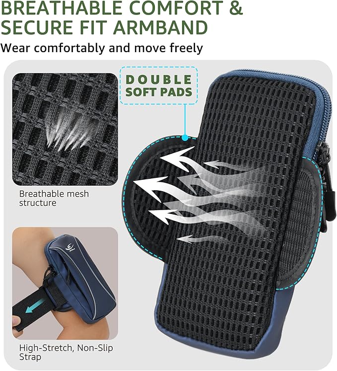 HiRui Arm Bag & Wrist Bag Phone Holder, Sports Running Armband for Gym, Cycling & Workout, Compatible with iPhone 16/15/14 Series, Samsung Galaxy & More, Reflective, Adjustable, Secure Fit (Blue)-StrideForce Fitness
