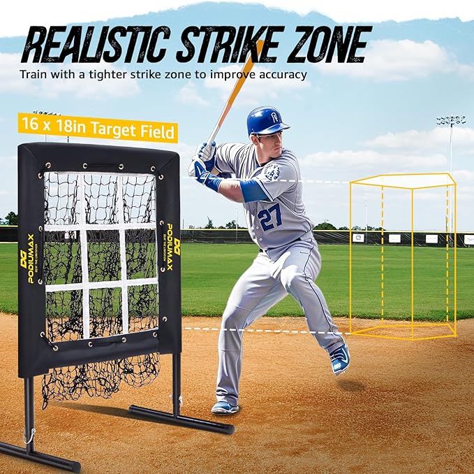 PodiuMax Baseball Pitching Net, 9 Hole Pitching Net with Strike Zone, 5 Adjustable Heights Baseball Throwing Net for All Ages, Heavey Duty Solo Trainer with Carry Bag for Backyard Practice-StrideForce Fitness