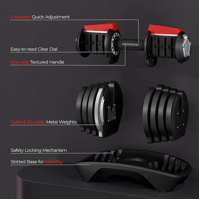 Yaheetech Adjustable Dumbbell Set 28/40/52.5/90LBS Adjustable Dumbbells Fast Adjust Dumbbell Weight Set with Anti-Slip Handle and Tray for Men/Women Home Gym Strength Training Equipment Single/Pair-StrideForce Fitness