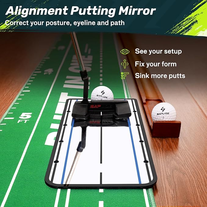 SAPLIZE Portable Putting Mat with Automatic Ball Return - Golf Practice Green with Mirror - Improve Accuracy Indoors or Outdoors-StrideForce Fitness