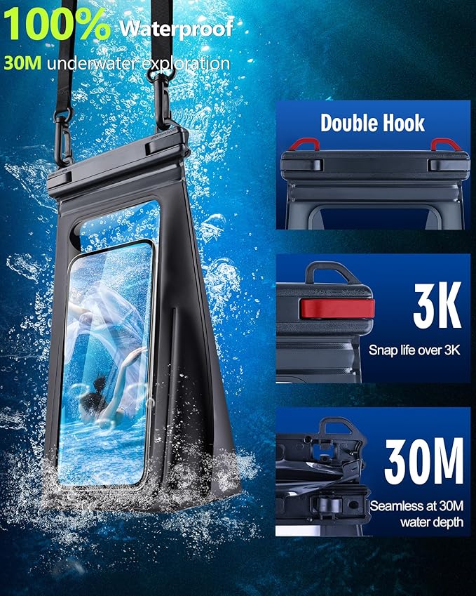 Waterproof Phone Pouch Floating, [Expandable Space] IPX8 Waterproof Dry Bag for iPhone 16 15 14 13 Pro Max Samsung S25 S24 S23 Google Up to 7.0" for Beach Boating Water Park Black-StrideForce Fitness