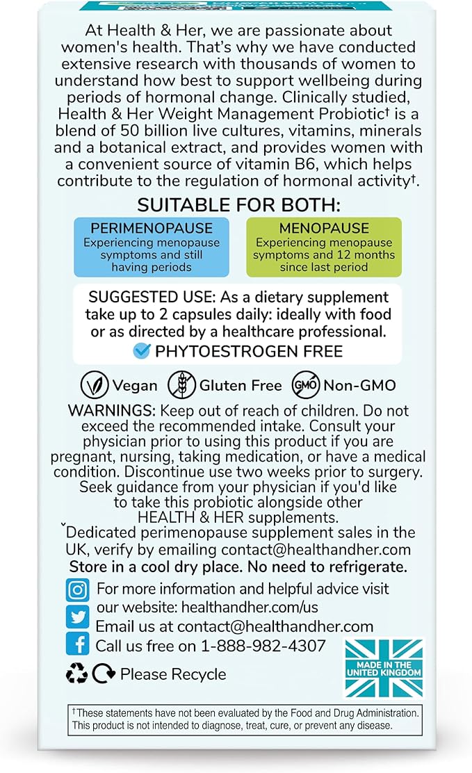 Health & Her Weight Management Probiotics for Women - Perimenopause & Menopause Supplement - Clinically Studied 50bn CFU Probiotics to Support Gut Health, Energy, Mood & Mind, Vegan (60 ct - 1 Month)-StrideForce Fitness