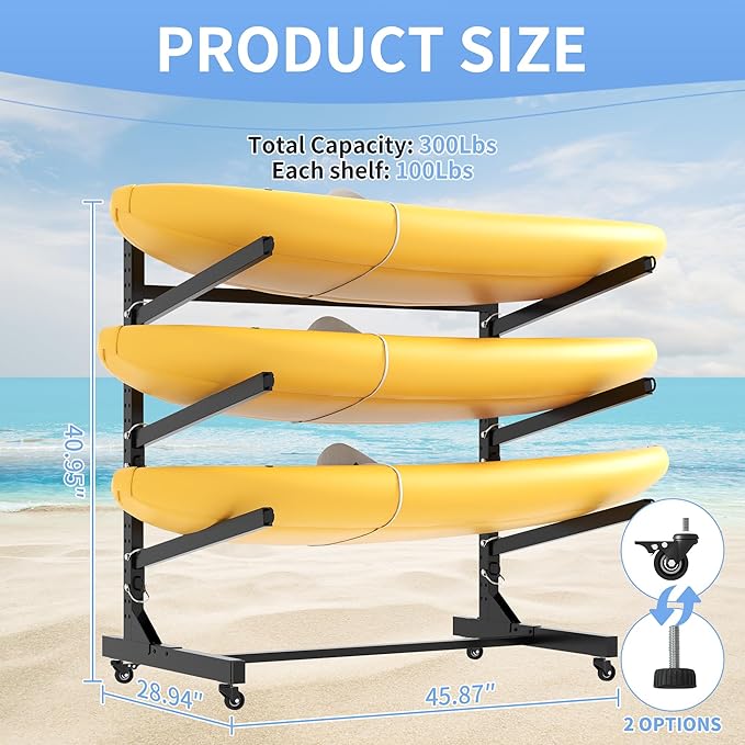 Kayak Storage Rack, Heavy Duty Kayak Stand Canoe Rack with Wheels, Freestanding Kayak Holder Stand for Kayaks, Canoes, Surfboard, Paddleboard Storage-StrideForce Fitness