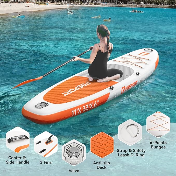 FBSPORT 11FT Premium Inflatable Stand Up Paddle Board with Electric Pump, Yoga Board with SUP Accessories & Carry Bag | Wide Stance, Surf Control, Non-Slip Deck, Leash and Paddle for Youth & Adult-StrideForce Fitness