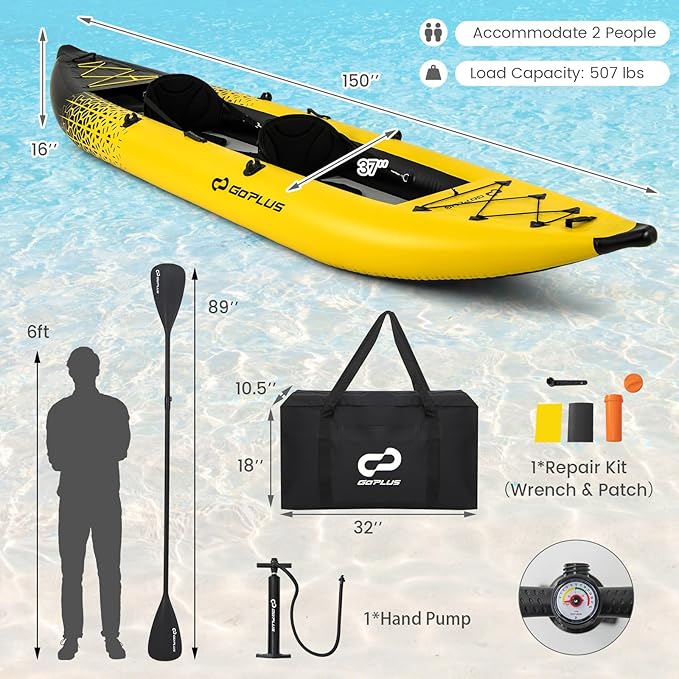 Goplus Inflatable Kayak, 2-Person Kayak Set for Adults with 507 LBS Weight Capacity, 2 Aluminium Oars, EVA Padded Seat, 2 Fins, Hand Pump, Carry Bag, Repair Kit, Portable Touring Kayaks-StrideForce Fitness