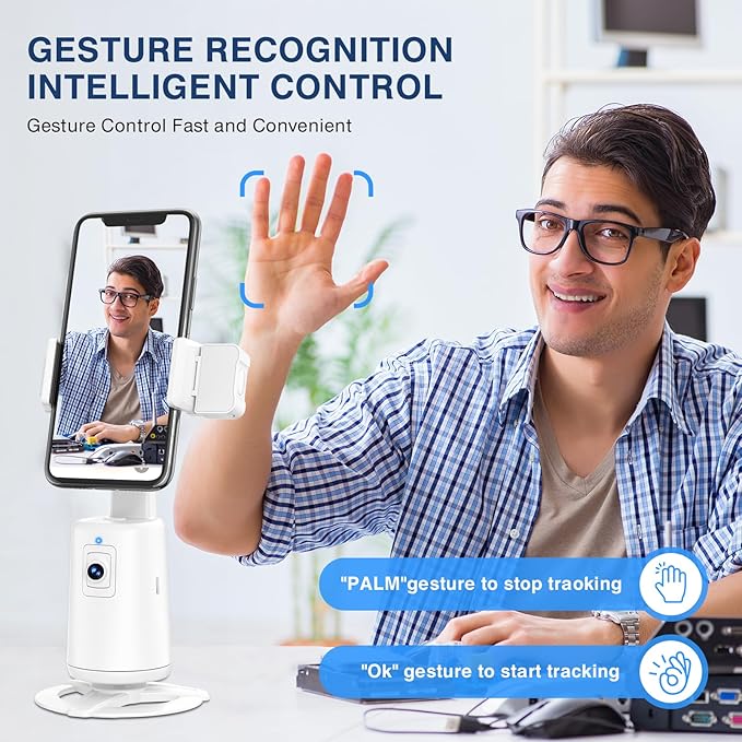 Auto Face Tracking Tripod 360° Rotating Cell Phone Photo and Video Kits Stand, No App, Camera Stand with Remote and Gesture Control, Rechargeable Smart Shooting Stand for Live Recording Tiktok (White)-StrideForce Fitness