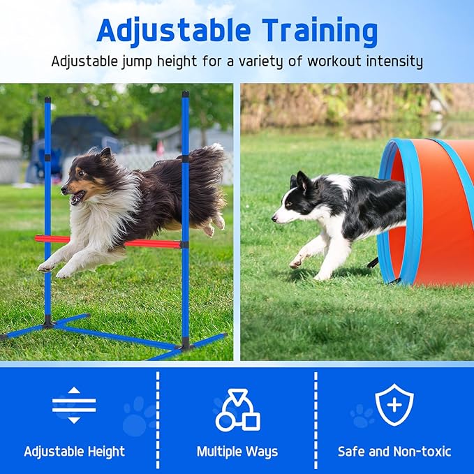 Dog Agility Course Backyard Set Dog Agility Equipment Obstacle Course Backyard Includes Adjustable High Hurdle,6 Weave Poles,Extended Tunnel,Jump Ring,Square Pause Box,2 Balls,Whistle,2 Carrying Bags-StrideForce Fitness