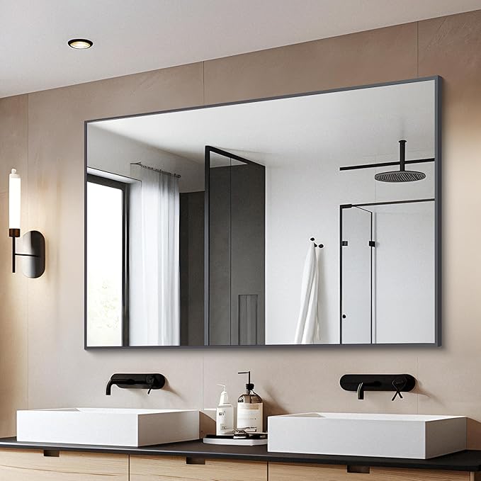 Black Bathroom Mirror for Wall, 30x40 Inch Rectangle Mirrors with Metal Frame, Modern Vanity Wall Mirror Decor for Entryway Hangs, Bathroom, Living Room Horizontal or Vertical-StrideForce Fitness