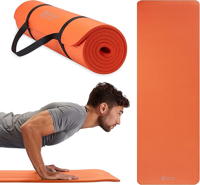 Gaiam Essentials Thick Yoga Mat Fitness & Exercise Mat with Easy-Cinch Yoga Mat Carrier Strap, 72"L x 24"W x 2/5 Inch Thick-StrideForce Fitness