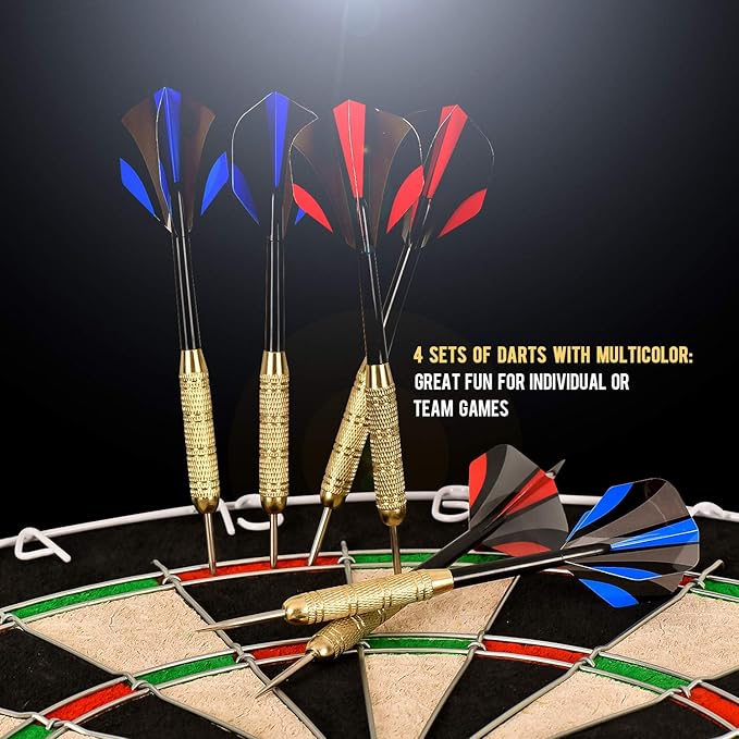 LinkVisions Dartboard with Staple-Free Bullseye, 18g Steel Tip Darts Set,12 Steel Tip Darts 18g, Dartboard Mounting Kits Included-StrideForce Fitness