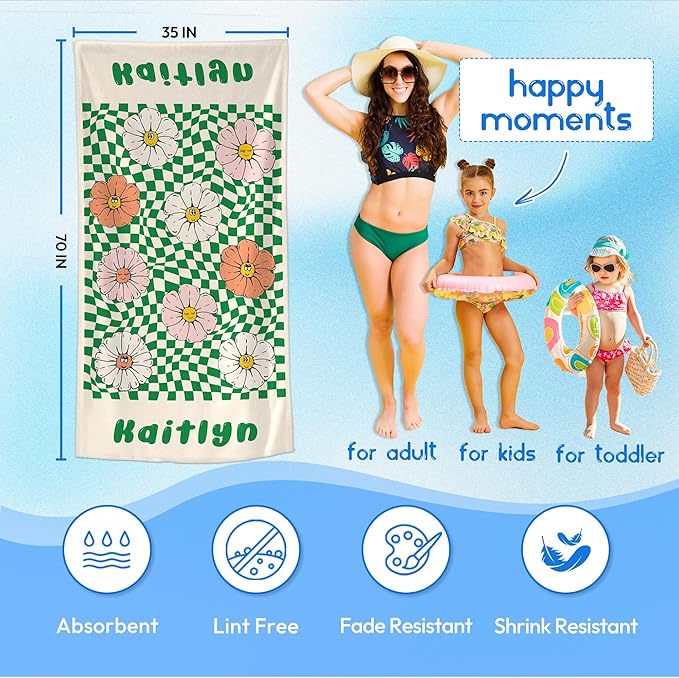 JML Personalized Beach Towel with Name, Custom Flower Beach Towel, Customized Microfiber Pool Towel, Quick Dry & Absorbent Swim Towel for Adult,Mother's Day, Birthday, Summer Holiday,Vacation-StrideForce Fitness