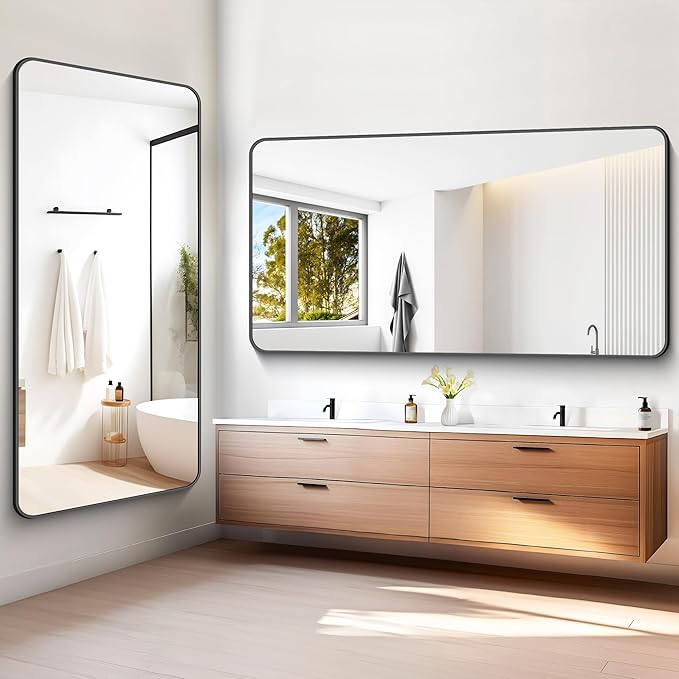 72x36 inch Large Bathroom Mirror,Black Rectangle Mirror,Wall Mounted Bathroom Frame Vanity Mirror with Round Corner for Bedroom Living Room,Entryway Hangs Horizontal or Vertical-StrideForce Fitness
