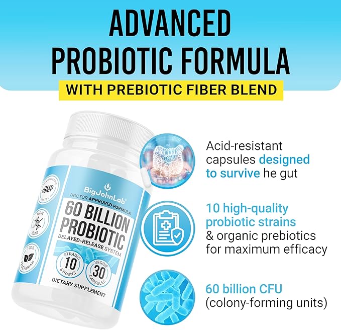 BIGJOHNLAB® Probiotics 60 Billion CFU – 10 Strains + Organic Prebiotics – Immune, Digestive & Gut Health – Supports Occasional Constipation, Diarrhea, Gas & Bloating – for Women & Men – 30ct-StrideForce Fitness
