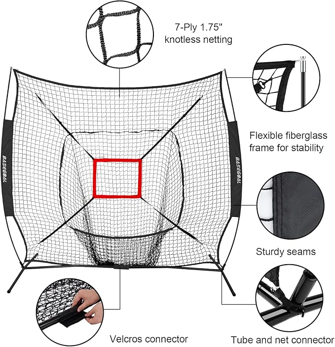 7'×7' Baseball Softball Practice Net,Baseball Backstop,with Batting Tee,Ball Caddy,for Hitting Pitching Batting Catching with Bow Frame,Bonus Strike Zone,Portable and Foldable-StrideForce Fitness