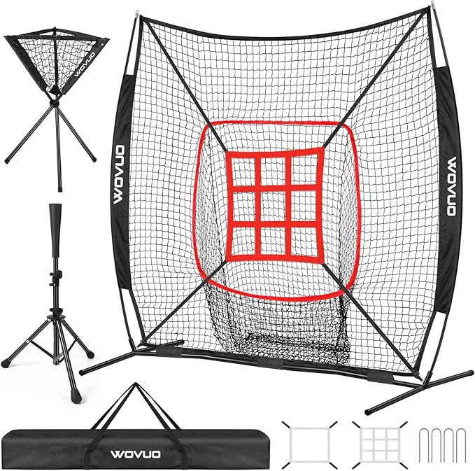 7x7 ft Baseball Net for Batting Pitching Hitting, Softball Pitching Net with Strike Zone, Tee, Ball Caddy, Softball Batting Net Baseball Training Equipment for Kids Adult Youth Sport Practice-StrideForce Fitness