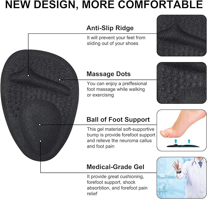 Ball of Foot Cushions, Metatarsal Pads Women, High Heels Non-Slip Comfort Pads, Shoe Support for Metatarsalgia Mortons Neuroma Pain Relief (2 Pairs,Black)-StrideForce Fitness
