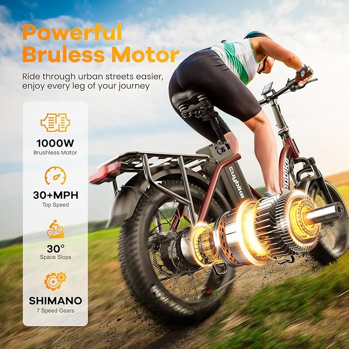 Folding Electric Bike for Adults with Peak 1000W Motor, 48V 20AH Battery up to 30MPH 80 Miles, 20" Fat Tire All Terrain Ebike, Front Suspension 7-Speed Commuter E Bike, Step-Thru, UL Certified-StrideForce Fitness