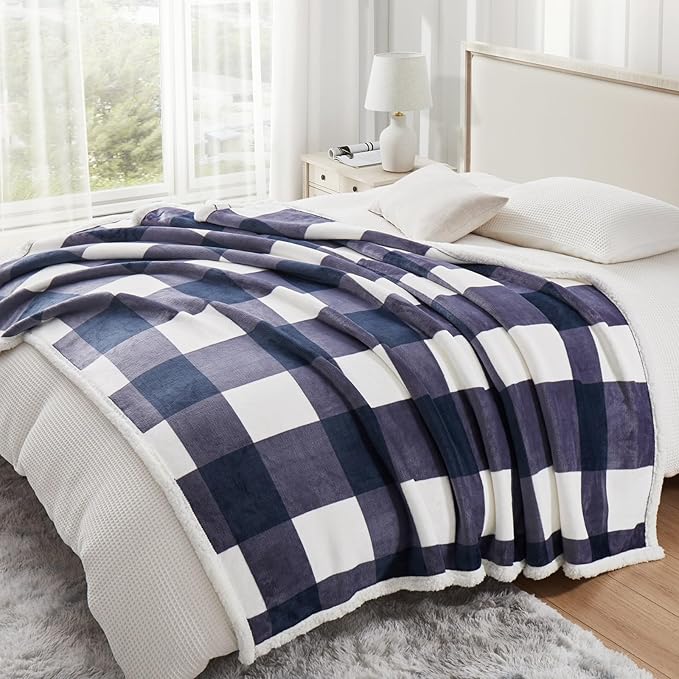 PU MEI Sherpa Blanket Fleece Throw Blanket Full Queen Plaid Thick Bed Blanket, Soft Warm Cozy Blue Checkered Throw Blanket 80"*90"-StrideForce Fitness