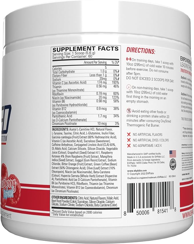 EHP Labs OxyShred Pre Workout Powder - Preworkout Powder with L Glutamine & Acetyl L Carnitine, Energy Boost Drink - Raspberry Refresh, 60 Servings-StrideForce Fitness