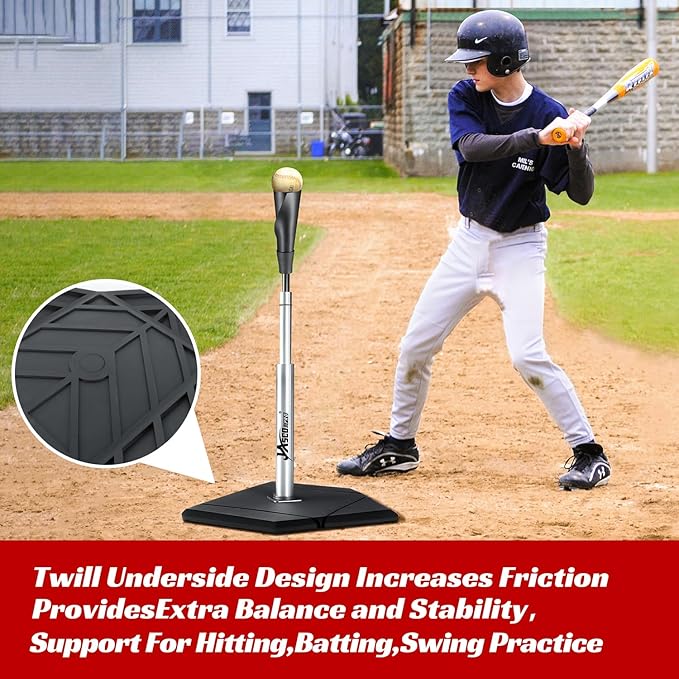 Batting Tee For Baseball And Softball With Traditional Home Plate Base,Alumium Stem,Handroll Rubber Top,Height Adjustable 24 to 46 inche For kids and Adults,Portable Baseball Tee Softball Tee-StrideForce Fitness