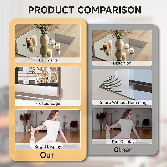 Hasipu Home Gym Mirror, 55.1" x 23.6" x 2 PCS Frameless Wall Mounted Mirrors, Large Body Mirror for Home Gym, Yoga Studio, Bedroom, Silver Tempered Glass-StrideForce Fitness