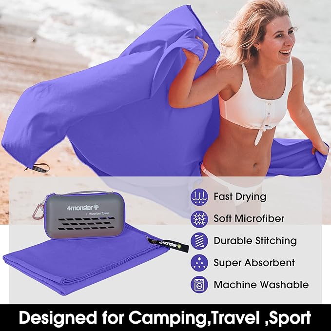4Monster Camping Towels Super Absorbent, Fast Drying Microfiber Travel Towel, Quick Dry Ultra Soft Compact Gym Towel for Swimming Beach Hiking Yoga Travel Sports Backpack (40.00" x 20.00", Purple)-StrideForce Fitness