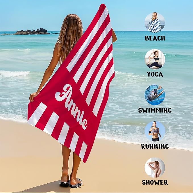 JML Personalized Beach Towel with Name, Custom Cabana Stripe Beach Towel, Customized Microfiber Pool Towel, Quick Dry & Absorbent Swim Towel for Adult,Mother's Day, Birthday, Summer Holiday,Vacation-StrideForce Fitness