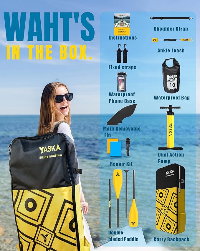 YASKA Inflatable Stand Up Paddle Board - 11ft Extra Wide Paddleboard with Premium SUP Board Accessories,Camera Mount,Non-Slip EVA Deck,5 Handles,Youth/Adult-StrideForce Fitness