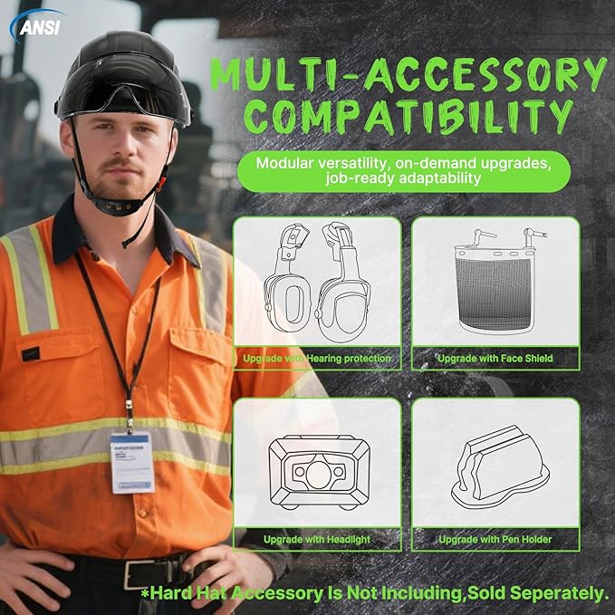 Aolamegs Construction Hard Hats for Adults - Hard Hats Construction OSHA Approved with Smoke Visor for Men Women, ANSI Z89.1 Vented Safety Helmet, Hard Hat with Chin Strap,6 Point Suspension （Black-StrideForce Fitness