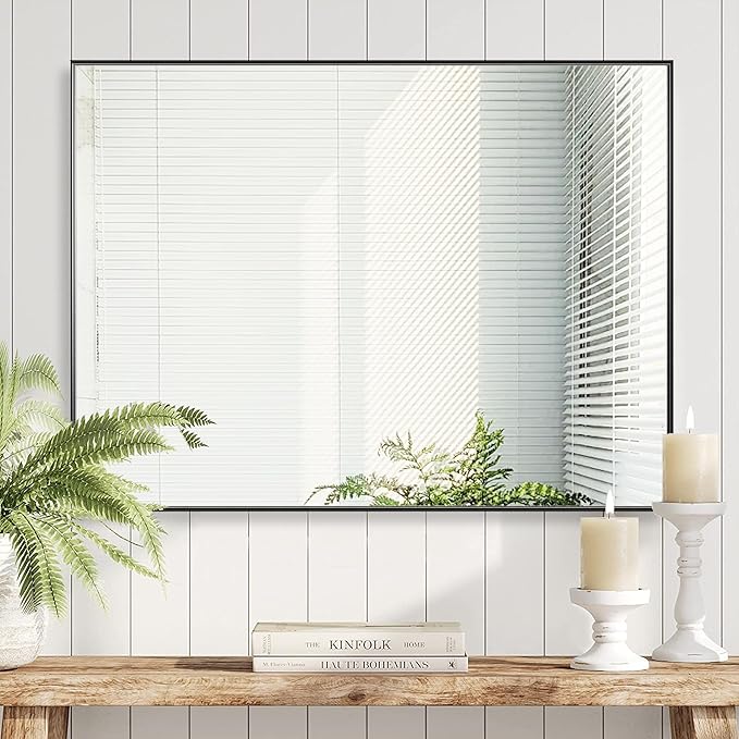 36x48 Inch Black Bathroom Mirror for Wall, Aluminum Frame Rectangle Rectangular Vanity Mirror, Modern Large for Bedroom, Living Room, Horizontal or Vertical-StrideForce Fitness