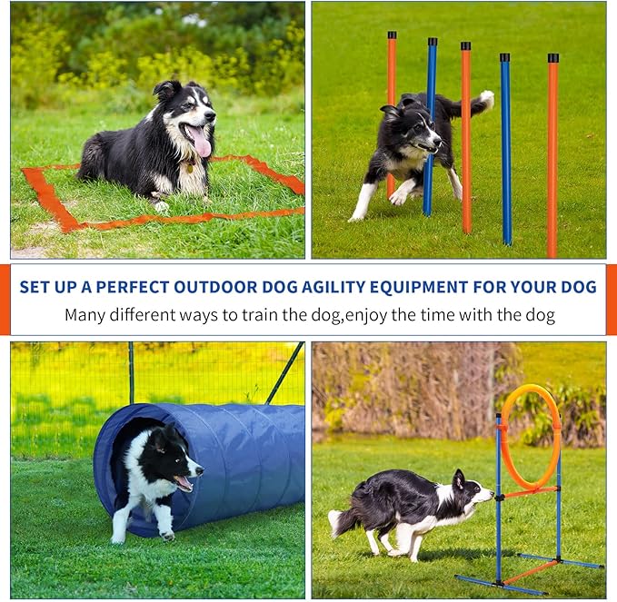 Dog Agility Training Equipment, 60-Piece Dog Obstacle Course Training Starter Kit Pet Outdoor Game with Tunnel, Agility Hurdle, Weave Poles, Jump Ring, Pause Box, Toy Balls and Storage Bag-StrideForce Fitness