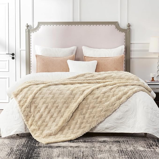 Cozy Bliss Faux Fur Throw Blanket for Couch - Soft Fuzzy Cozy Throw Gift Blankets for Women,Beige Boho Blanket for Sofa Bedroom Living Room.60 * 80 Inches-StrideForce Fitness