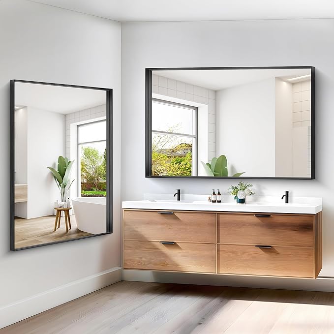 Black Bathroom Mirror, 60x40 Inch Rectangular Framed Mirror, Large Wall Mounted Bathroom Vanity Mirror Over Sink for Bedroom,Restroom, Living Room, Hangs Vertically or Horizontally-StrideForce Fitness