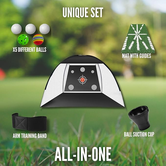 Golf Net 10x7ft – All-in-One Indoor/Outdoor Practice net with Multiple Targets, Heavy-Duty Base, tee, Balls & Bag for Driving, Chipping & Swing Training for Golf Lovers & dads.-StrideForce Fitness