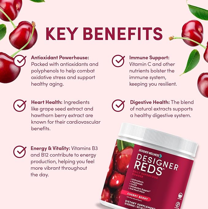 Designer Wellness, Designer Reds, Daily Superfood Powder with Beet Root, Support for Energy, Stress, Immune Health, Heart Health, and Digestive Health, Cherry Berry, 30 Servings-StrideForce Fitness