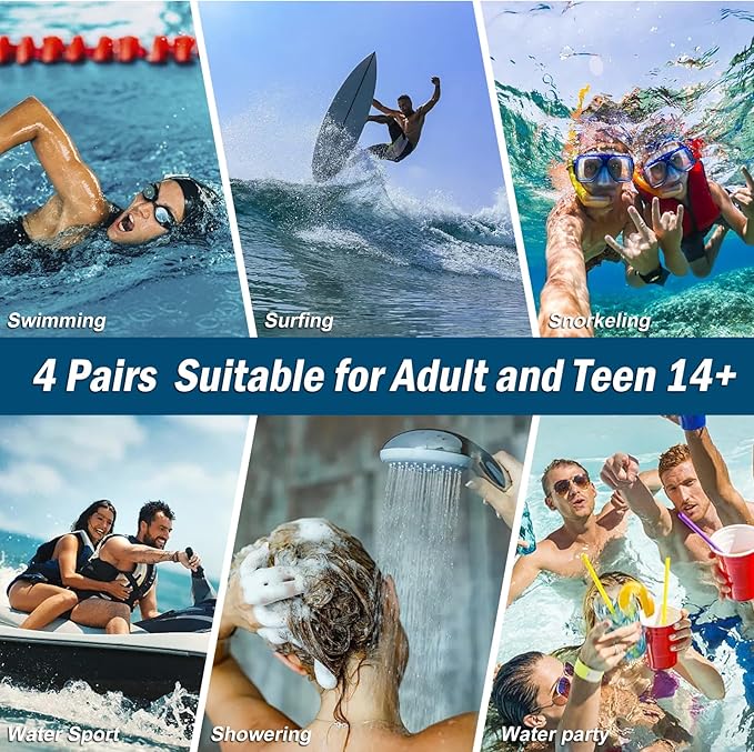 Swimming Ear Plugs for Adults, 4 Pairs Waterproof Reusable Silicone Swim Earplugs with Removable Cord, Perfect for Swimming, Showering, Surfing and Other Water Sports - Two Wearing Styles-StrideForce Fitness